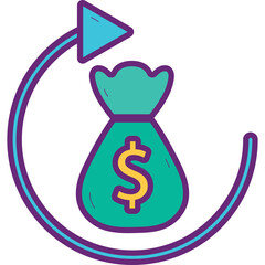 Turquoise Money Bag With Yellow Dollar Sign Inside A Purple Circle With Blue Arrow Graphic Icon