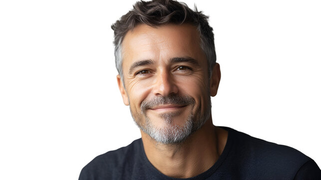 Confident, experienced man with distinguished grey beard and hair smiling warmly, radiating approachability and wisdom for professional projects. isolated on white background