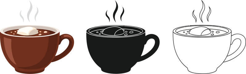 Set of hot chocolate with marshmallows in color, silhouette, and outline style