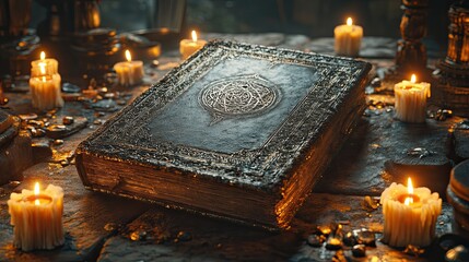 Silver Embossed Grimoire with Candles and Mystical Vibes