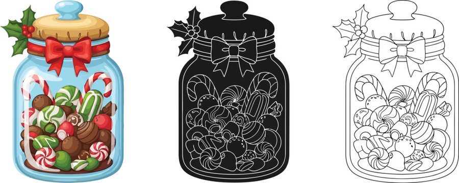 Christmas jar with candy, vector illustration in color, silhouette, and outline style