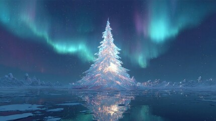 A dreamlike Christmas tree made of ice and snow, reflecting a beautiful aurora borealis in the sky.
