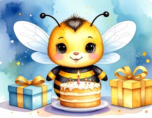 Adorable watercolor illustration of a bee with birthday cake and gifts