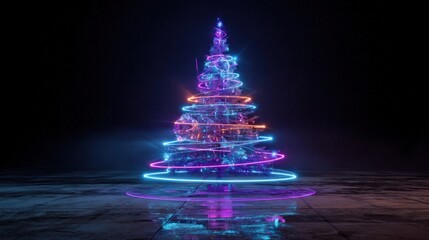 A futuristic Christmas tree with holographic decorations and glowing neon colors