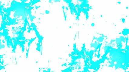 Abstract vivid turquoise and white grunge background with paint splatters. Layered splashes, scattered paint marks, and geometric smudges. ink blots and splashes, energetic, artistic, dynamic texture