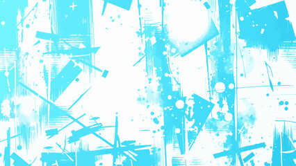 Abstract vivid turquoise and white grunge background with paint splatters. Layered splashes, scattered paint marks, and geometric smudges. ink blots and splashes, energetic, artistic, dynamic texture