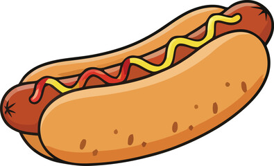 Cartoon Hot Dog with Mustard and Ketchup Toppings on a Bun