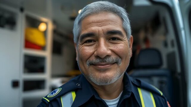 Portrait of a mature male ambulance driver. Generative AI content of healthcare staff