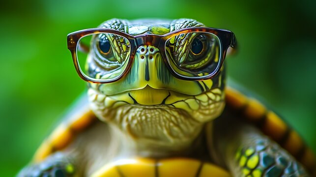 Clever turtle wearing glasses close-up portrait with soft green blurry background outdoors