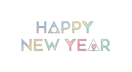 Simple geometric typography &ldquo;Happy New Year&rdquo; with pastel colors, clean background