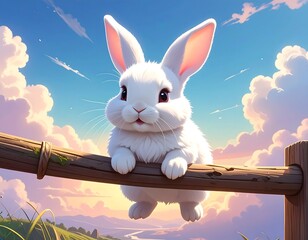 Adorable white bunny perched on a fence, against a sunset sky
