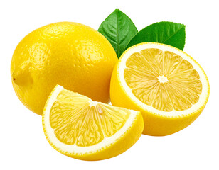 Zesty lemons whole, halved, and sliced, accompanied by green leaves, presented against a black background