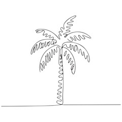 Continuous Simple black line art drawing of a palm tree in a minimalist style on a white background.