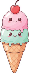 Cute Cartoon Ice Cream Cone with Faces and Cherry Topping