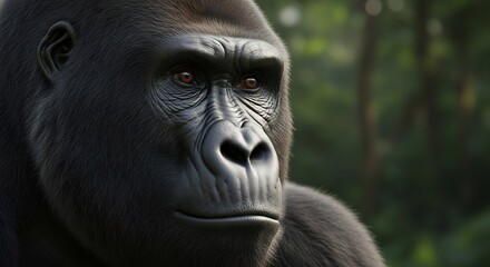 Obraz premium Majestic gorilla portrait, perfect for conservation efforts, educational materials, or wildlife awareness campaigns. Strong, thoughtful, intense, focused on nature.