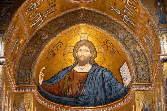 Byzantine Christ Pantocrator mosaic in Monreale Cathedral, Sicily