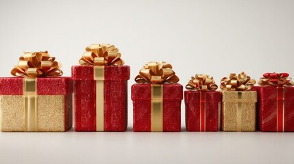 A row of red and golden Christmas presents isolated on a plain background