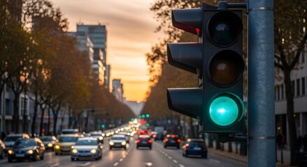 City Street Traffic Green Light Safe Commute with Cars, Trees, and Urban Setting