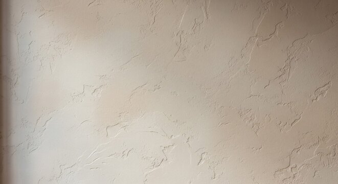 Detailed view of a light beige decorative plaster wall with a rough, whisked texture, showcasing an elegant and artisanal surface for backgrounds