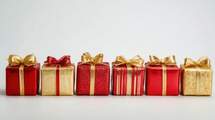 A row of red and golden Christmas presents isolated on a plain background
