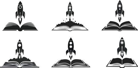 Silhouette of Future Skills and Innovation. A creative design featuring rockets launching from open books, symbolizing knowledge, exploration, and imagination in a minimalist style.