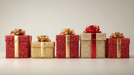 A row of red and golden Christmas presents isolated on a plain background