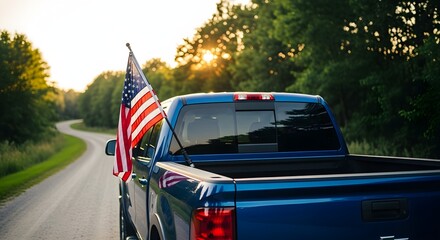 American Flag Proudly Displayed on a Truck Bed during a Road Trip