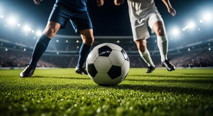 Obraz premium Soccer Match Thrill Players Compete for the Ball Under Stadium Lights Intense Focus