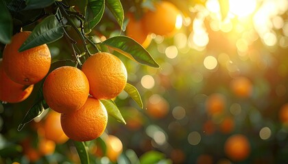 Close up of ripe oranges hanging from a tree branch with green leaves and sun flare in the background