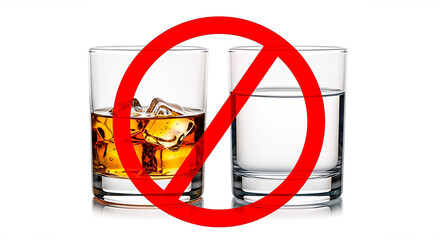 Glasses of whiskey and water side by side, with a bold red prohibition symbol overlay, representing the struggle against alcoholism and promoting sobriety and healthy choices