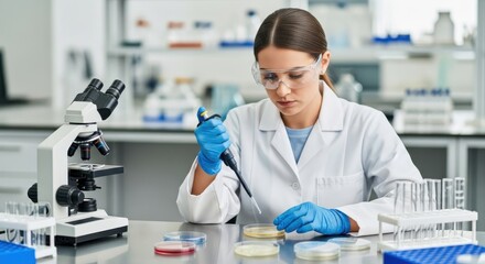 Focused scientist meticulously pipettes liquid into petri dish in modern laboratory, advancing research with precision instruments.