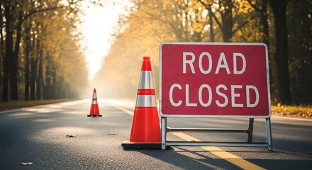 Road Closure Sign and Traffic Cones Indicating Construction or Hazard on a Highway
