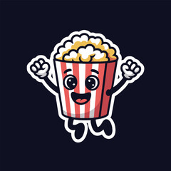 Cartoon popcorn character with red and white striped container jumping on a dark background