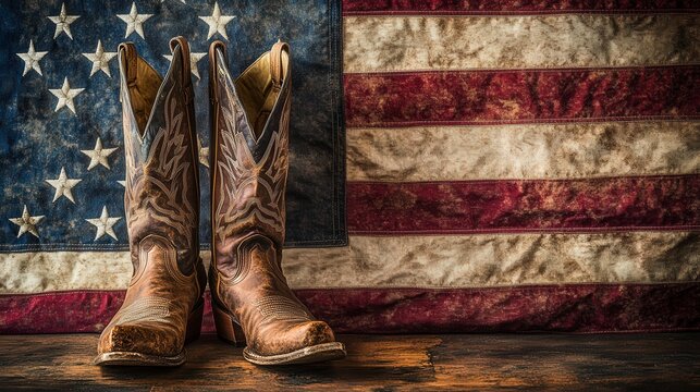 Worn Leather Cowboy Boots against a Vintage American Flag Background with Denim Jacket