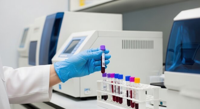 Dedicated lab technician handling blood samples with care in a research facility, contributing to medical advancement and diagnostic accuracy