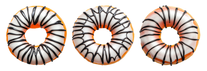 Delicious round donut covered in smooth white glaze and chocolate topping, isolated on white transparent background, concept of sweet dessert
