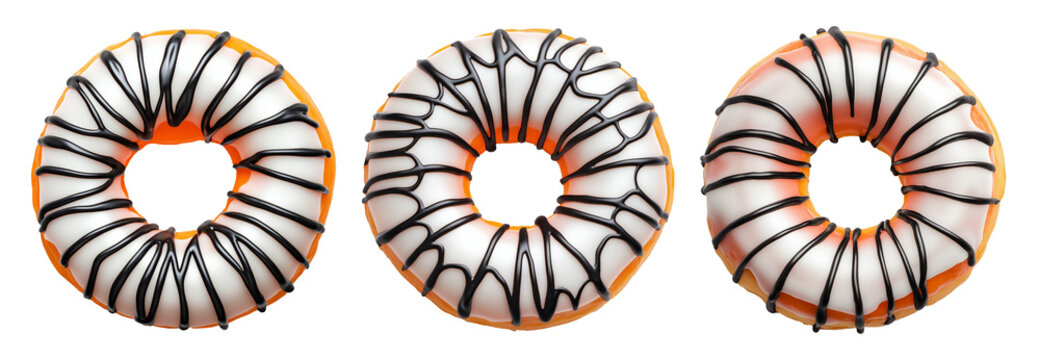 Delicious round donut covered in smooth white glaze and chocolate topping, isolated on white transparent background, concept of sweet dessert
