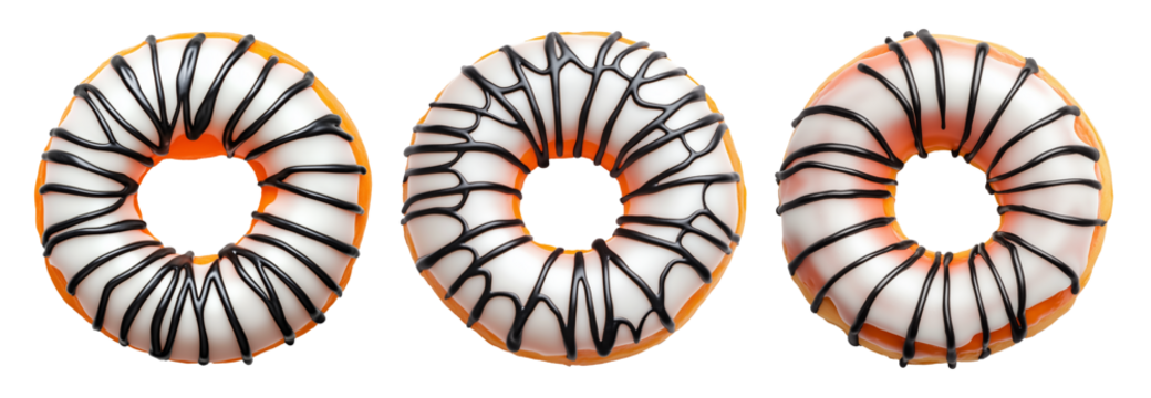 Delicious round donut covered in smooth white glaze and chocolate topping, isolated on white transparent background, concept of sweet dessert