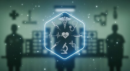 Modern healthcare icons glowing in a clinical setting offer a fresh perspective on medical technology, innovation, and wellness solutions for patients