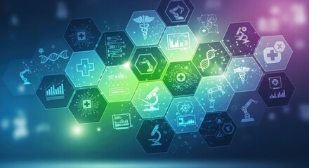 Innovative healthcare technology for a cutting edge future with advancements in medicine and research depicted through modern symbols and vibrant colors