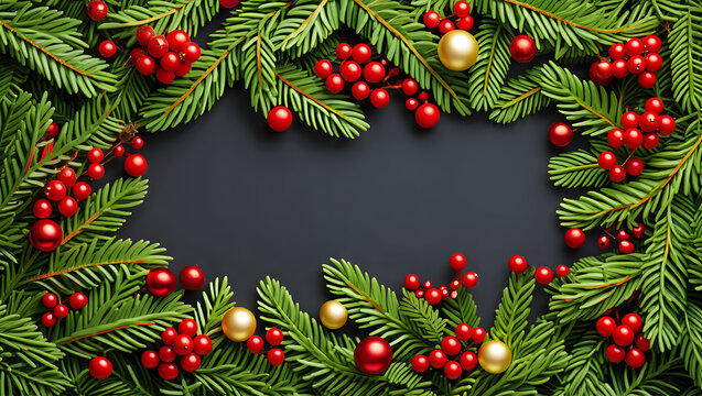 Christmas Fir Tree Branches with Red Berries and Gold Baubles Border on Dark Background image