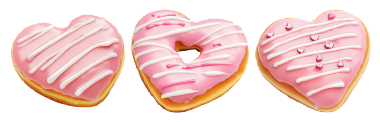 Heart-shaped donut topped with pink icing, white drizzle and small hearts on white transparent background, symbolizing love and sweetness