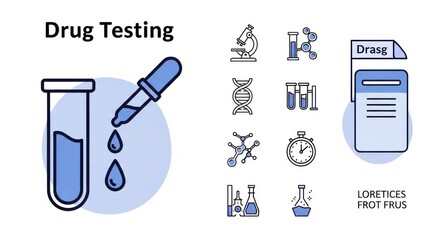 Innovative drug testing concept with modern icons, ideal for pharmaceutical research, medical breakthroughs, and scientific advancement presentations