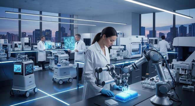 Cutting-edge medical research with robotic automation in a modern laboratory, driving innovation and scientific advancement in a high-tech environment