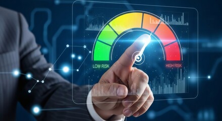 Professional rapidly assessing high operational risk using a futuristic digital gauge for strategic business intelligence and analysis