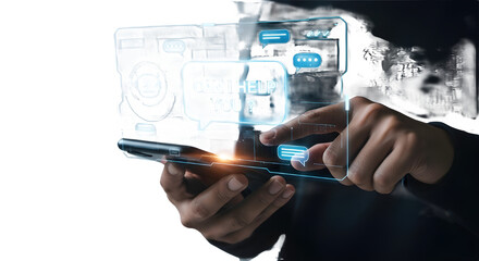 Hand using mobile phone touching futuristic digital data interface on white background