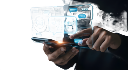 Hand using mobile phone touching futuristic digital data interface on white background