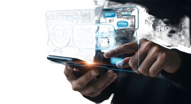 Hand using mobile phone touching futuristic digital data interface on white background - Powered by Adobe