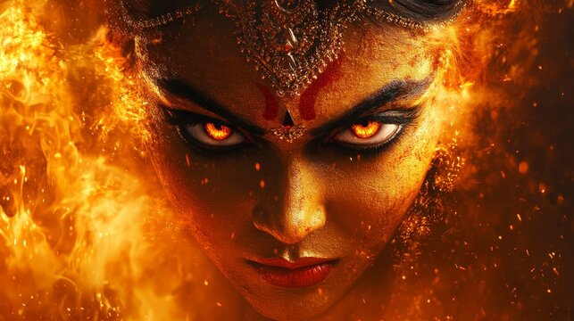 Fierce Digital Illustration of Kali Face Surrounded by Fiery Elements at a Vibrant Festival Scene