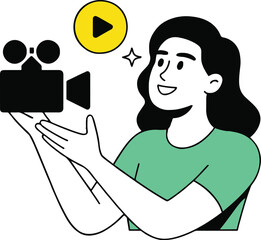 Illustration of a woman holding a vintage camera with a yellow play button above her smiling face